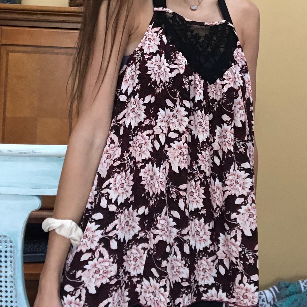 Pink Floral Tank With Black Lace Detail